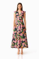 Eclore V-Neck Maxi Dress in Pink & Black Floral with Jacquard fabrication and fit & flare front shot