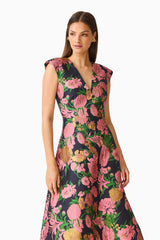 Eclore V-Neck Maxi Dress in Pink & Black Floral with Jacquard fabrication and fit & flare close up shot