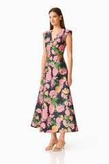 Eclore V-Neck Maxi Dress in Pink & Black Floral with Jacquard fabrication and fit & flare side shot