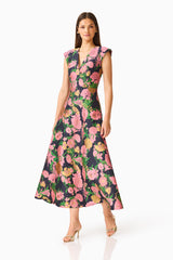 Eclore V-Neck Maxi Dress in Pink & Black Floral with Jacquard fabrication and fit & flare posed shot