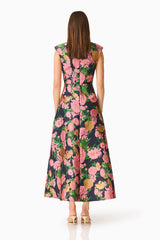 Eclore V-Neck Maxi Dress in Pink & Black Floral with Jacquard fabrication and back invisible zipper shot