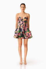 Eclore Tiered Mini Dress in Pink & Black Floral with sweetheart neckline front shot