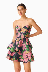 Eclore Tiered Mini Dress in Pink & Black Floral with sweetheart neckline close up shot