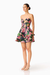 Eclore Tiered Mini Dress in Pink & Black Floral with sweetheart neckline side shot