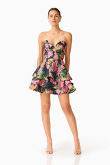 Eclore Tiered Mini Dress in Pink & Black Floral with sweetheart neckline posed shot