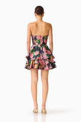 Eclore Tiered Mini Dress in Pink & Black Floral with invisible back ziper back shot