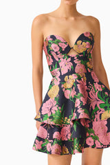 Eclore Tiered Mini Dress in Pink & Black Floral with sweetheart neckline close up datail shot