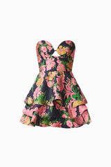 Eclore Tiered Mini Dress in Pink & Black Floral with sweetheart neckline ghost shot