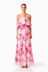 Fleuris Halter Maxi Dress in Pink Floral with printed georgette fabrication & relaxed silhouette front shot