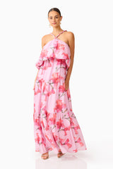 Fleuris Halter Maxi Dress in Pink Floral with printed georgette fabrication & relaxed silhouette posed shot