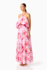 Fleuris Halter Maxi Dress in Pink Floral with printed georgette fabrication & relaxed silhouette side shot