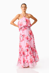 Fleuris Halter Maxi Dress in Pink Floral with printed georgette fabrication & relaxed silhouette close up shot