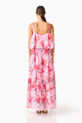 Fleuris Halter Maxi Dress in Pink Floral with printed georgette fabrication, open back & relaxed silhouette back shot