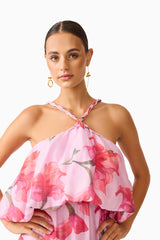 Fleuris Halter Maxi Dress in Pink Floral with printed georgette fabrication & relaxed silhouette detail shot