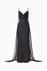 Auriella Cowl Neck Gown in Black with textured satin fabrication & slim fit ghost shot