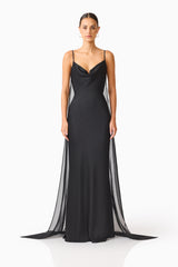 Auriella Cowl Neck Gown in Black with textured satin fabrication & slim fit  front shot