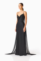 Auriella Cowl Neck Gown in Black with textured satin fabrication & slim fit side shot