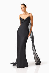 Auriella Cowl Neck Gown in Blackwith textured satin fabrication & slim fit posed shot