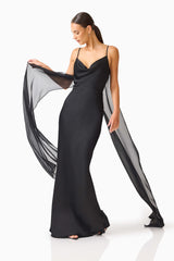 Auriella Cowl Neck Gown in Black with textured satin fabrication & slim fit posed movement shot