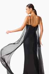 Auriella Cowl Neck Gown in Black with textured satin fabrication & slim fit close up back shot
