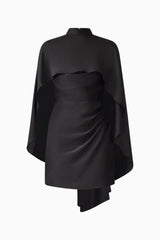 Auriella Mini Dress in Black with removable cape & high neckline ghost shot