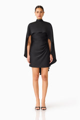 Auriella Mini Dress in Black with removable cape & high neckline front shot