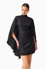 Auriella Mini Dress in Black with removable cape & high neckline close up shot