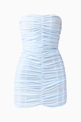 Florencea Ruched Mini Dress in Powder Blue with strapless neckline & mesh fabrication ghost shot