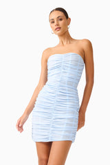 Florencea Ruched Mini Dress in Powder Blue with strapless neckline & mesh fabrication close up shot