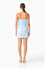 Florencea Ruched Mini Dress in Powder Blue with back zipper & mesh fabrication front shot