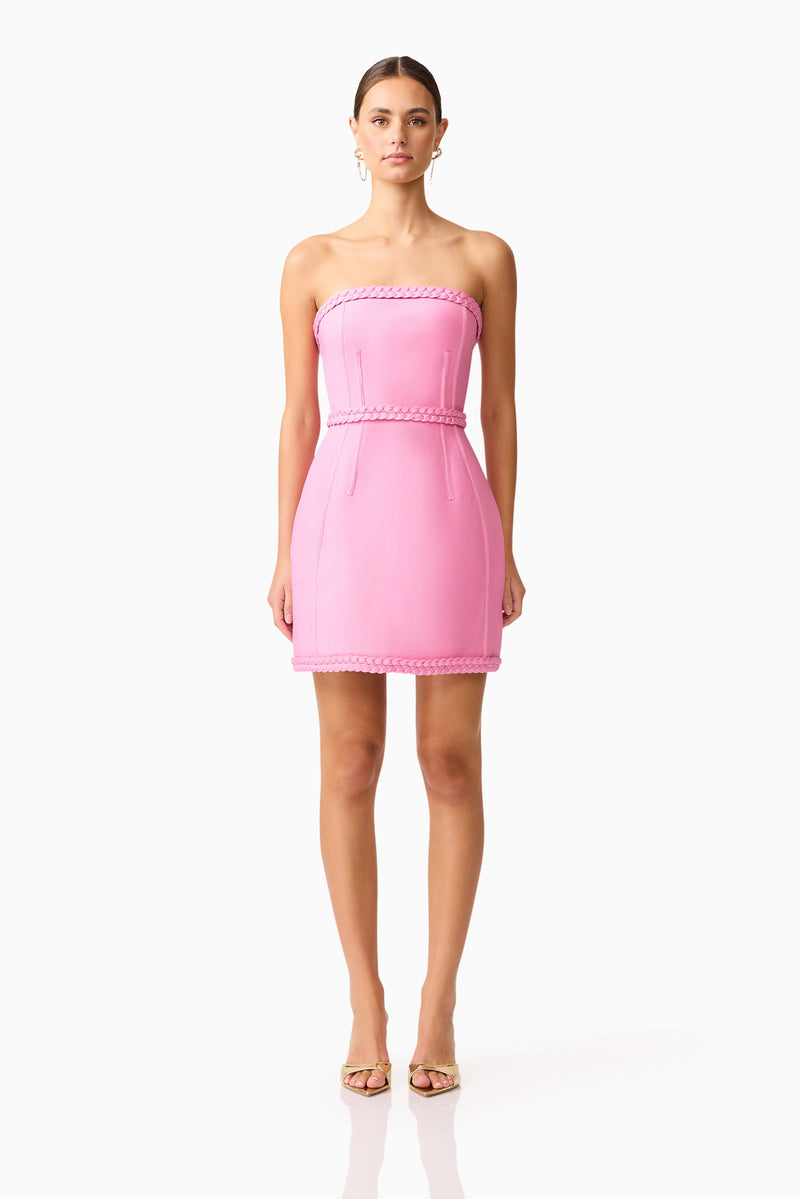 Brunette model wearing Coralene Puff Sleeve Midi Dress in Pink front shot