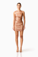 Brunette model wearing the Rhian Fitted Mini Dress in Orange Front Shot