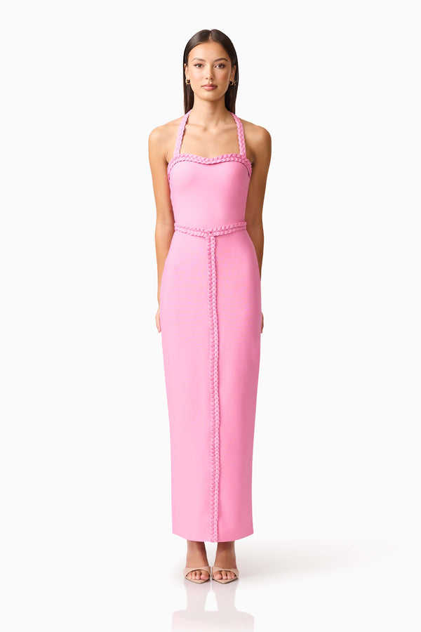 Brunette model wearing Coralene Halter Gown in Pink front shot