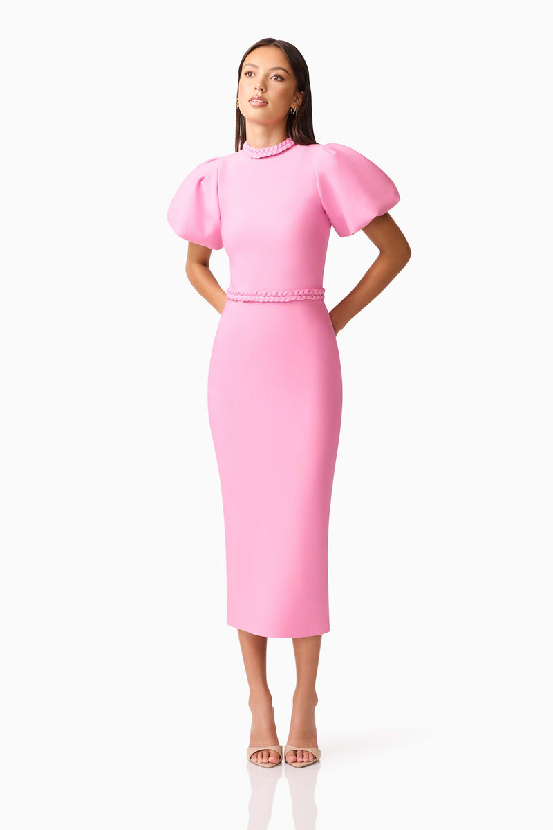 Brunette model wearing Coralene Puff Sleeve Midi Dress in Pink posed shot
