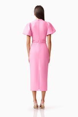 Brunette model wearing Coralene Puff Sleeve Midi Dress in Pink back shot