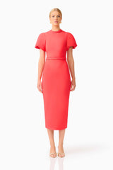 Blonde model wearing the Coralene Puff Sleeve Midi Dress in Red front shot