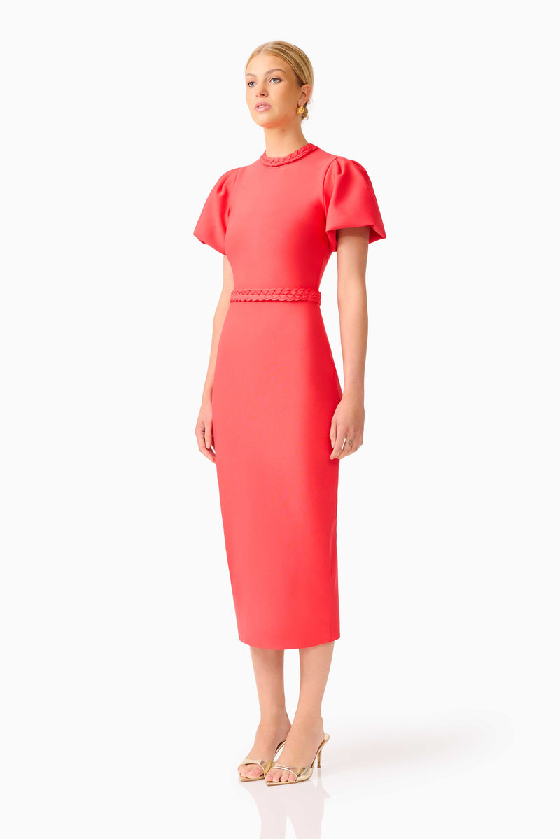 Coralene Puff Sleeve Midi Dress in Red | Sculpted & Sophisticated  Elliatt