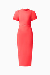 Coralene Puff Sleeve Midi Dress in Red ghost shot