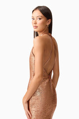 Brunette Model wearing the Rhian Halter Gown in Orange Close Up Shot