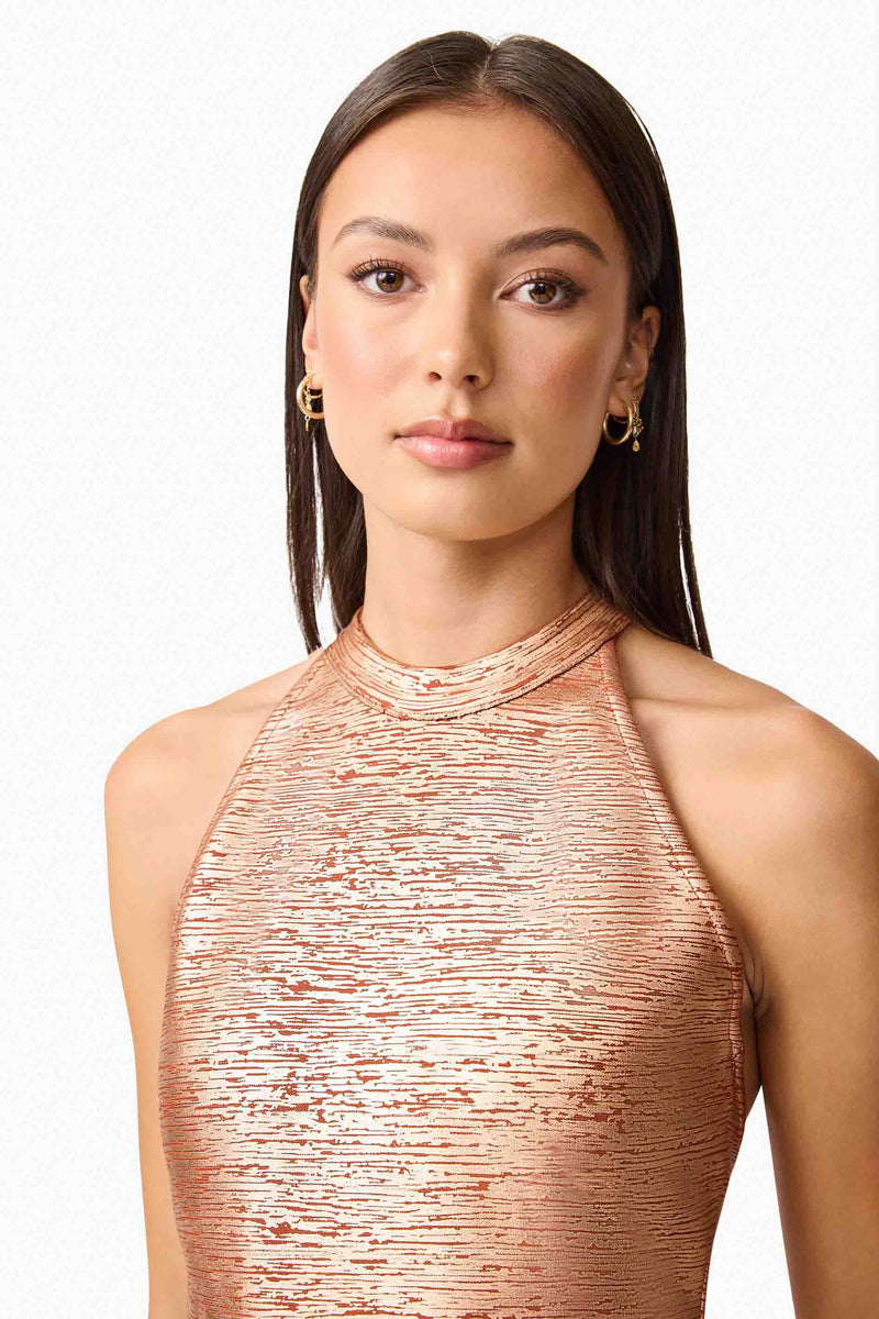 Brunette Model wearing the Rhian Halter Gown in Orange Detail Shot