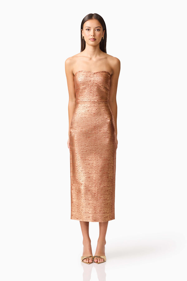 Brunette model wearing the Rhian Strapless Midi Dress in Orange Front Shot