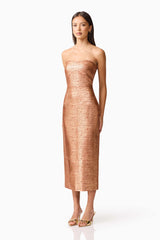 Brunette model wearing the Rhian Strapless Midi Dress in Orange Side Shot