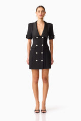 Brunette model wearing Ruby Short Sleeve Blazer Dress in Black front shot