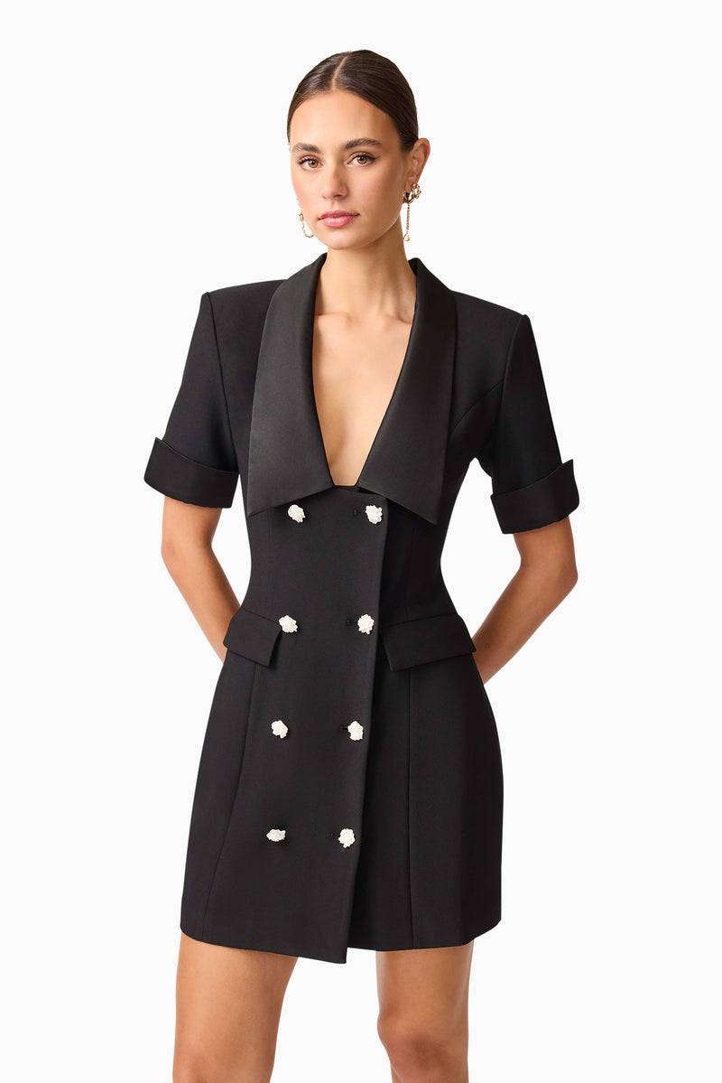 Brunette model wearing Ruby Short Sleeve Blazer Dress in Black close up shot