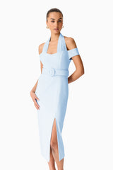 Brunette model wearing the Ruby Halter Midi Dress in Blue posed shot