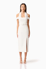 Brunette model wearing the Ruby Halter Midi Dress in White Front Shot