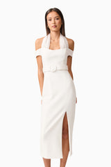 Brunette model wearing the Ruby Halter Midi Dress in White close up shot Shot