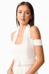 Brunette model wearing the Ruby Halter Midi Dress in White Close up Shot