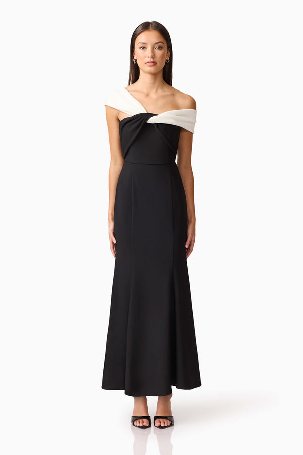 Brunette model wearing Ruby Off The Shoulder Gown in Black front shot