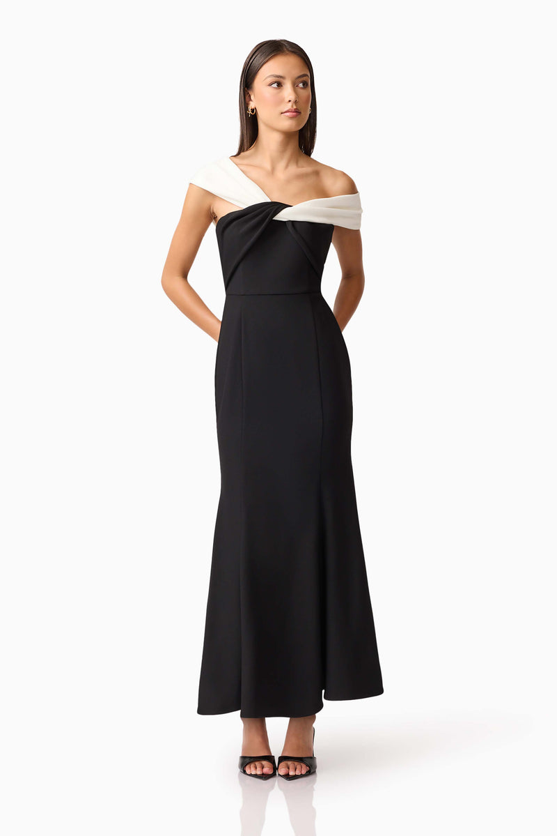 Brunette model wearing Ruby Off The Shoulder Gown in Black front shot
